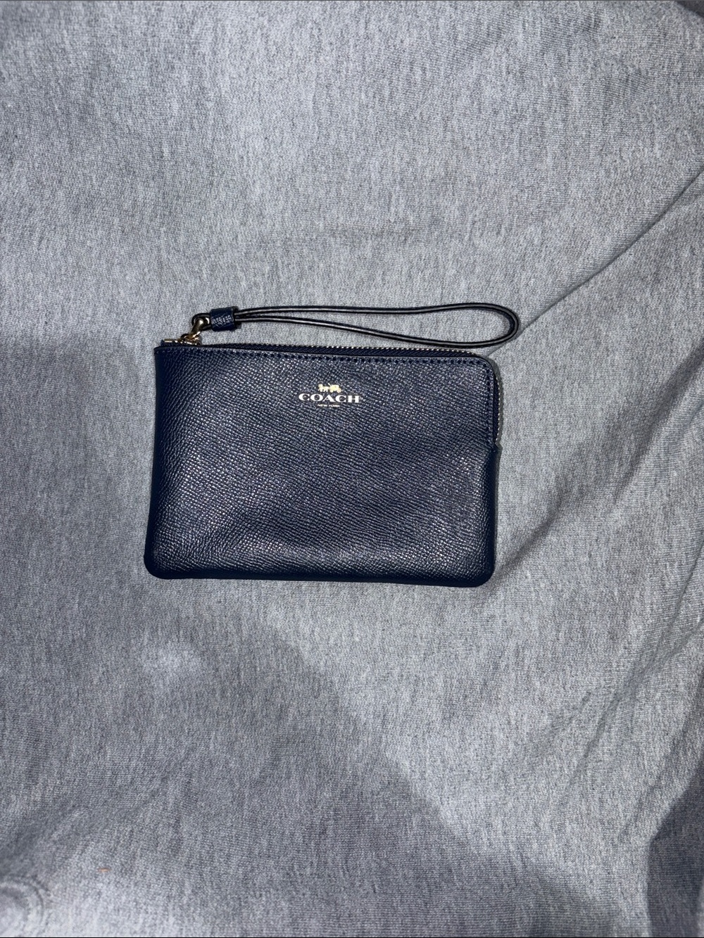 Coach Navy Leather Wrist Strap Pouch with Gold Logo
